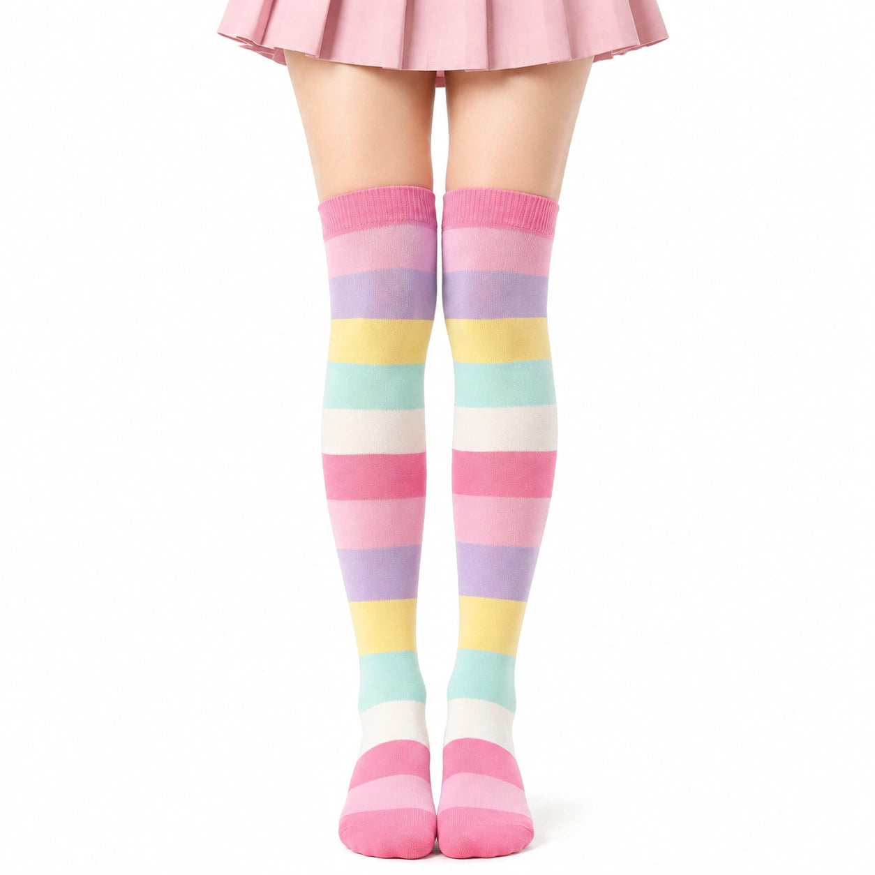 Chaussettes montantes 39-42 en textile tricoté multicolores à rayures style pastel