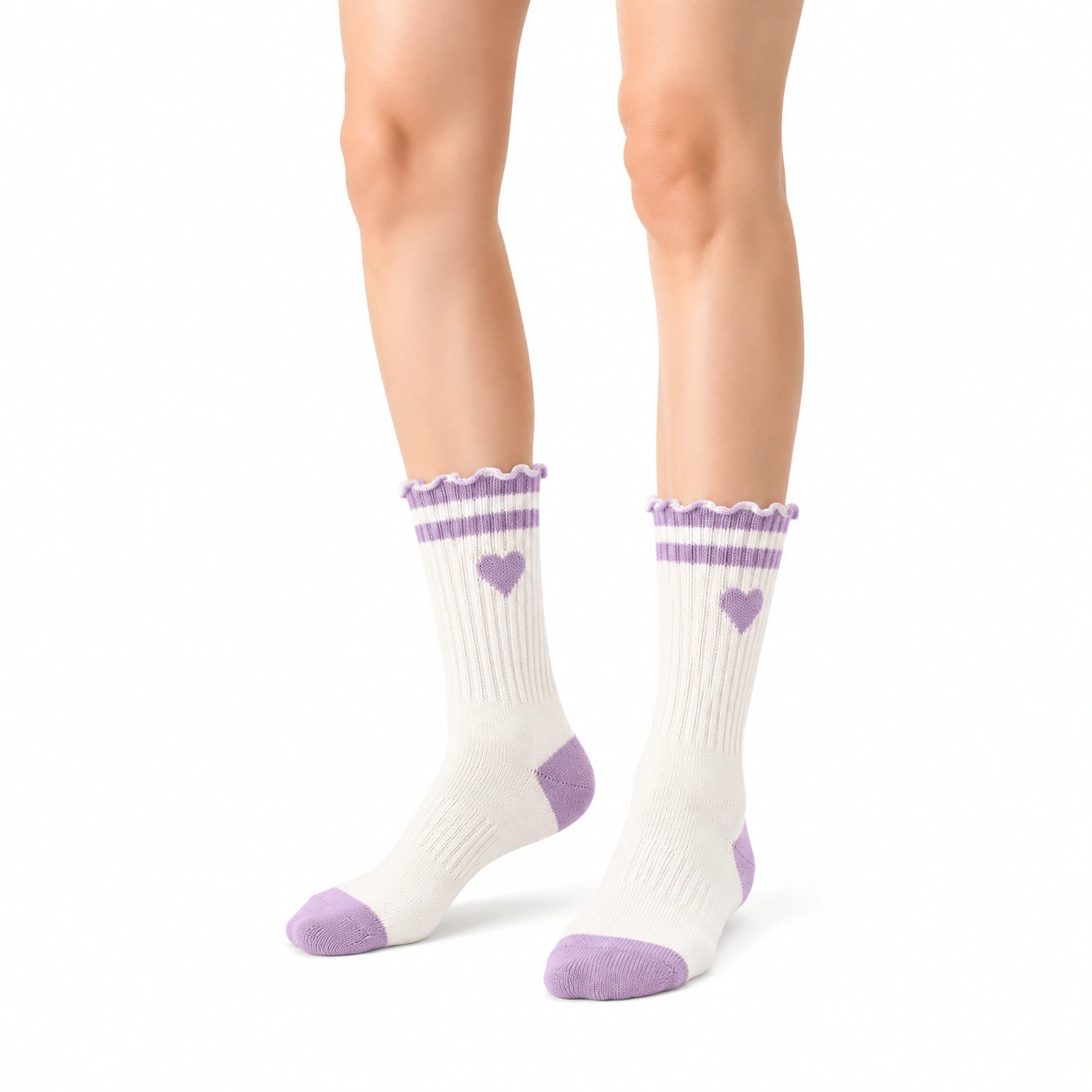 Chaussettes mi-mollet 43-46 en maille blanc/lilas à cœur style côtelé
