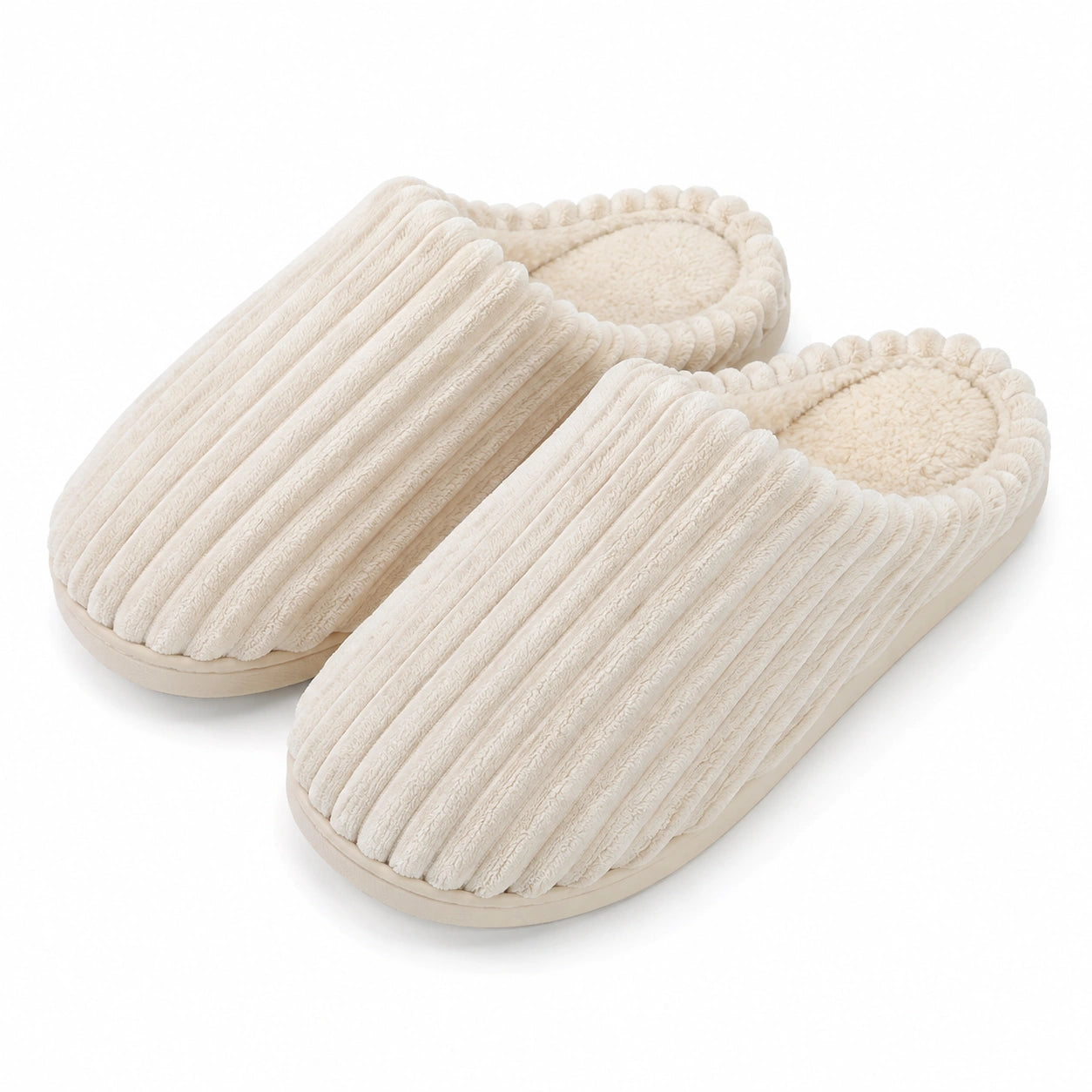 Chaussons 40/41 en textile peluche beige - pantoufles d'intérieur côtelées