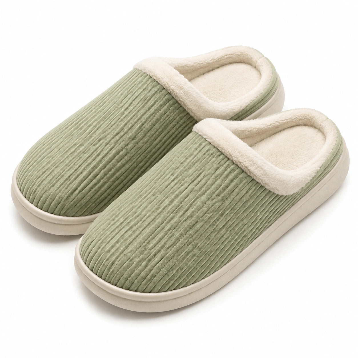 Chaussons 42/43 en textile côtelé vert sauge à doublure douce pour intérieur